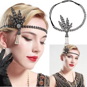 ✨ NWT Art Deco 1920’s Gatsby Flapper Crystal Rhinestone & Pearl Black He…